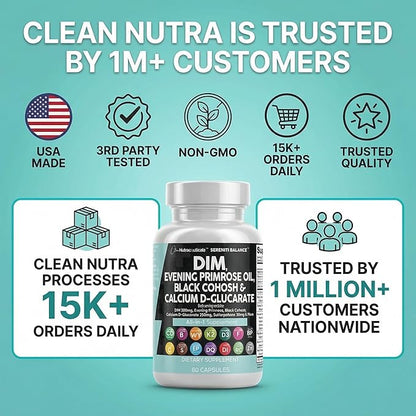 Clean Nutraceuticals DIM Evening Primrose Black Cohosh Calcium D-Glucarate Sulforaphane Flax Seed Extract - Hormonal Support Vitamins for Women with Dong Quai - 60 Caps