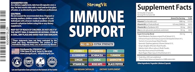 Immune Support Supplement 12 in 1 Complex with Vitamin C, D3, Zinc, Echinacea, Elderberry, Ginger, Turmeric. Immune Defend for Men & Women, Non-GMO, Gluten-Free, Vegan, USA (120 Capsules)