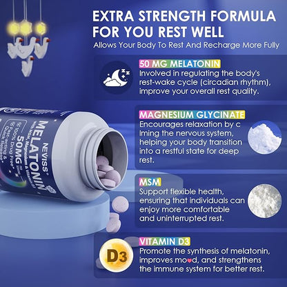NEVISS Melatonin 50 mg for Adults - Extra Strength 9-in-1 Fast Dissolve Sublingual - High Dose with Magnesium Glycinate, Vitamin D3, Ashwagandha, Lemon Balm, Chamomile, Sugar Free,Vegan 120 Tablets