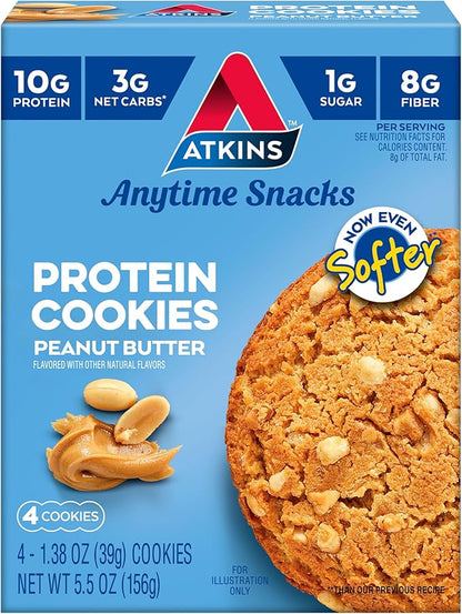 Atkins Peanut Butter High Protein Cookie, Keto Snacks, 3g Net Carb, 1g Sugar, Low Sugar Snacks, Low Carb Treats, 4 Count