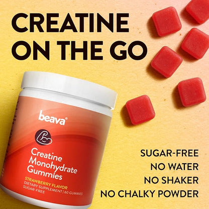 Creatine Monohydrate Gummies - 30 Servings - Vegan Creatine Chews for Muscle Growth, Muscle Recovery, Workout Recovery, Anaerobic Endurance - No Loading Phase - No Bloating - Strawberry - No Sugar