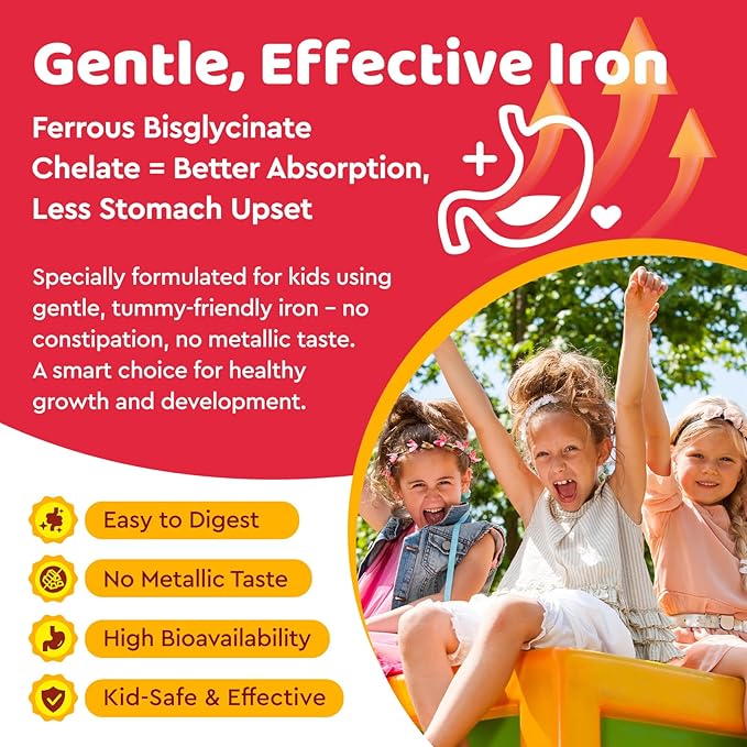 Iron Supplement Gummies for Kids, Kids Multivitamin with Iron Gummies - Zinc, Vitamin B Complex, A, C, D3, B12, Folate for Blood Builder & Energy Support, Iron Deficiency, Vegan Strawberry 60 Gummies