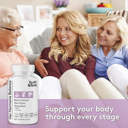Youth & Tonic Her Hormone Balance – Menopause Supplement for Women, Perimenopause Support, Non-Hormonal Herbal Formula with Black Cohosh for Hot Flashes & Night Sweats, 60 Capsules