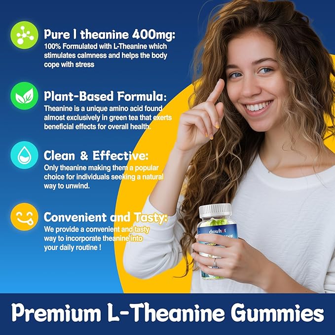 duwhot L Theanine Gummies, 200/400mg L-Theanine Supplement for Adults & Kids, Natural Stress Relief, Relaxation, Zzz & Focus Support Gummy, Organc,Vegan, Low Sugar,Non-Drowsy,Lemon Flavor,60 Chewables