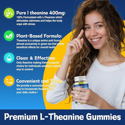 duwhot L Theanine Gummies, 200/400mg L-Theanine Supplement for Adults & Kids, Natural Stress Relief, Relaxation, Zzz & Focus Support Gummy, Organc,Vegan, Low Sugar,Non-Drowsy,Lemon Flavor,60 Chewables