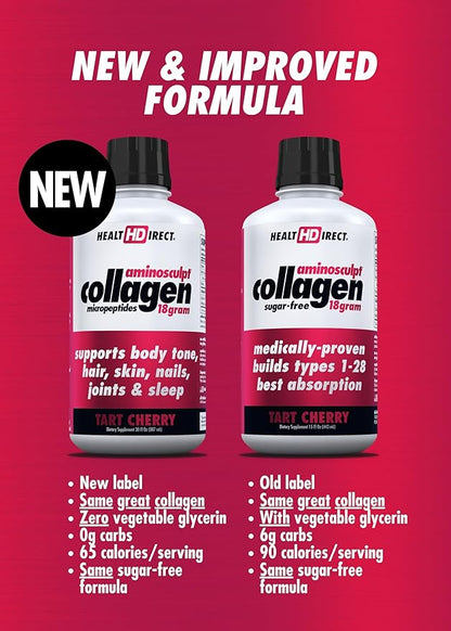 HEALTH DIRECT AminoSculpt Sugar-Free Collagen Supplement - High Potency Medical-Grade Protein for Hair, Skin, Nails & Joints, Grass-Fed, Non-GMO, Liquid Collagen - Tart Cherry - 30 Fl Oz