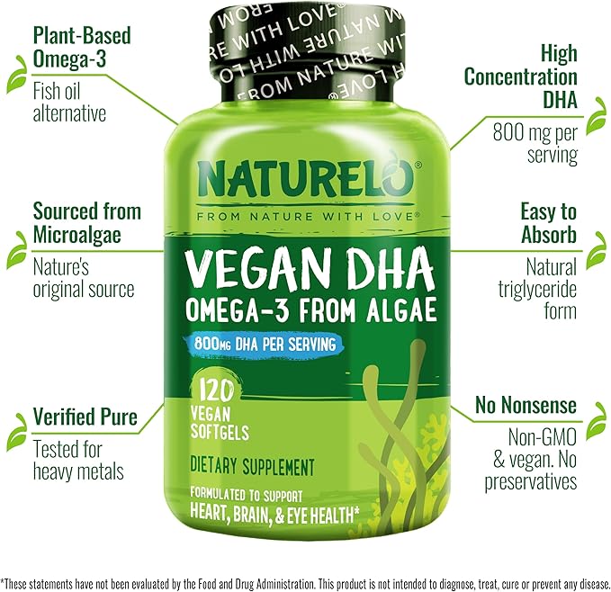 NATURELO Vegan DHA, Vegan Omega 3 Supplement, 120 Softgels, Supports Brain/Heart/Eye Health, Complements Prenatal Vitamins, Essential Fatty Acids, Omega 3 Supplement for Women & Men