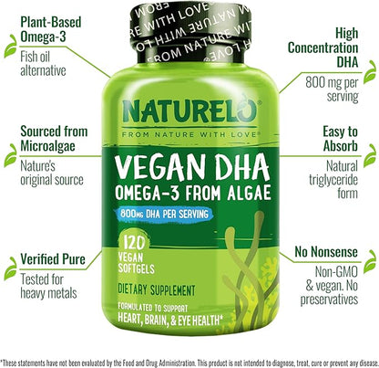 NATURELO Vegan DHA, Vegan Omega 3 Supplement, 120 Softgels, Supports Brain/Heart/Eye Health, Complements Prenatal Vitamins, Essential Fatty Acids, Omega 3 Supplement for Women & Men