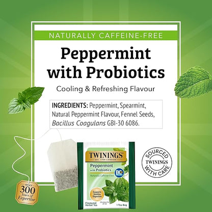 Twinings Peppermint with Probiotics Herbal Tea, 18 Count (Pack of 6), Supports Healthy Digestion, Naturally Caffeine-Free, Enjoy Hot or Iced, 96 Teabags