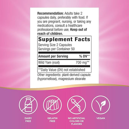 Nature's Way Wild Yam Root Capsules, Women's Traditional Health Support*, 700 mg per 2-Capsule Serving, Non-GMO Project Verified, 100 Vegan Capsules (Packaging May Vary)