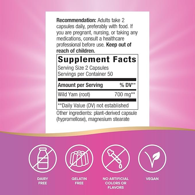 Nature's Way Wild Yam Root Capsules,Women's Traditional Health Support*,700 mg per 2-Capsule Serving,Non-GMO Project Verified,100 Vegan Capsules (Packaging May Vary),(Pack of 2)