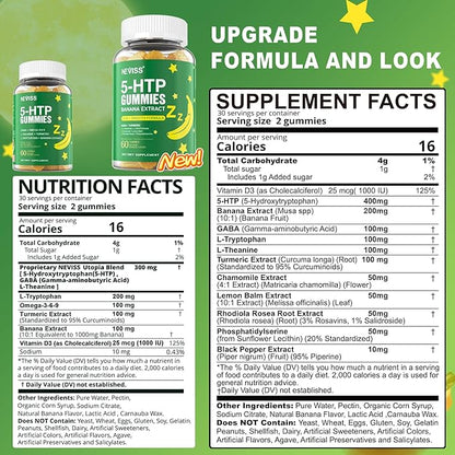 5-HTP 400MG Gummies + GABA - Melatonin Free - Relaxation Gummies with Banana Extract, L-Theanine, Turmeric, L-Tryptophan, D3 for Healthy Rest Cycle, Circadian Rhythm, Brain & Muscle Relax, Pack of 2
