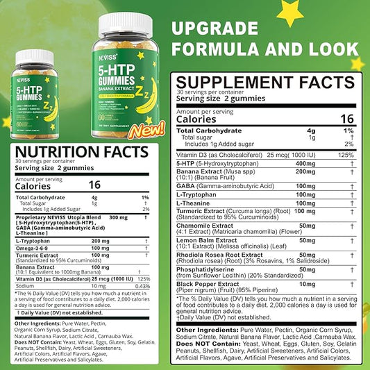 5-HTP 400MG Gummies + GABA - Melatonin Free - Relaxation Gummies with Banana Extract, L-Theanine, Turmeric, L-Tryptophan, D3 for Healthy Rest Cycle, Circadian Rhythm, Brain & Muscle Relax, Pack of 2