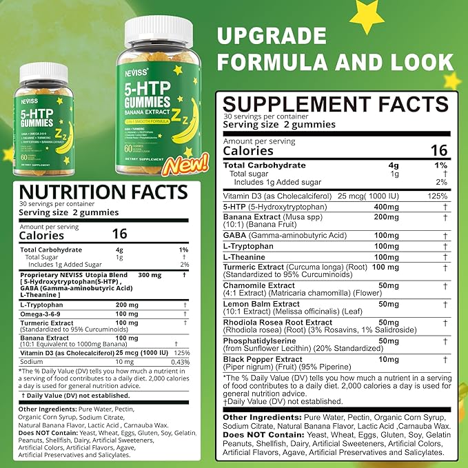 1Pack 5-HTP 400MG Gummies + GABA - Melatonin Free - Relaxation Gummies with Banana Extract, L-Theanine, Turmeric, L-Tryptophan, Vitamin D3 for Healthy Rest Cycle,Circadian Rhythm, Brain & Muscle Relax
