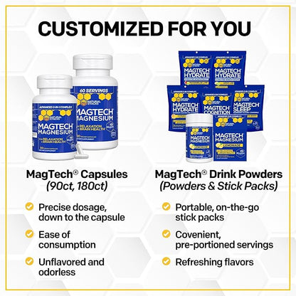 Natural Stacks MagTech Magtein Magnesium L-Threonate, Glycinate & Taurate 200mg Chelated Magnesium Complex Supplement for Relaxation & Brain Health 90 Capsules