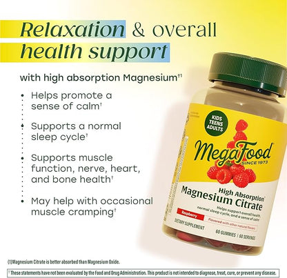 MegaFood Magnesium Citrate Gummies, High Absorption Magnesium Supplement for Adults, Teens & Kids, Supports Nerve Health, Normal Sleep Cycle & Occasional Muscle Cramps, 60 Vegan Gummies, 60 Servings
