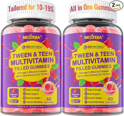 Multivitamin Filled Gummies for Teen Boys Girls 12-17, 18, 19, Kids 10+ Multivitamin with Omega 3, Calcium + Magnesium + Zinc, Multi-Minerals for Adolescent 10-19S Brain, Bone, Energy, Immune, 2Pack