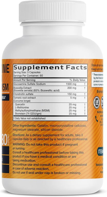 Bronson Glucosamine Chondroitin Turmeric & MSM Advanced Joint & Cartilage Formula, Supports Healthy Joints, Mobility & Cartilage - Non-GMO, 180 Capsules