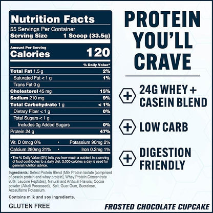 PEScience Select Protein Powder, Whey and Casein Blend, Lean Protein Powder for Women and Men, Low Calorie, Low Carb, Keto Friendly, Gluten Free, Frosted Chocolate Cupcake - 55 Servings