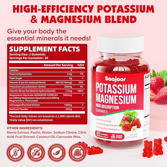 Potassium Magnesium Gummies,High Absorption Magnesium Glycinate,D3 & B6,Potassium Citrate - for Muscle Support, Leg Cramps & Electrolyte Balance - Vegan, Non-GMO, Strawberry Flavor, 120 Count