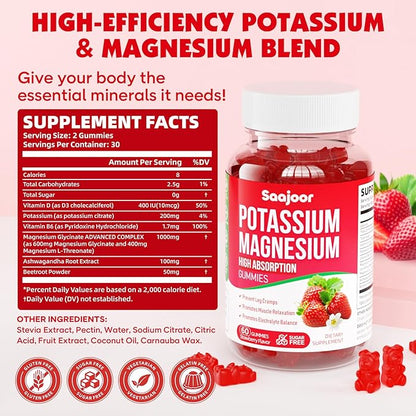 Potassium Magnesium Gummies,High Absorption Magnesium Glycinate,D3 & B6,Potassium Citrate - for Muscle Support, Leg Cramps & Electrolyte Balance - Vegan, Non-GMO, Strawberry Flavor, 120 Count