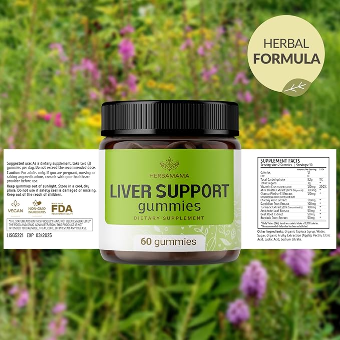 HERBAMAMA Liver Support Gummies - Herbal Complex for Liver Detox and Cleanse - Vegan, Non-GMO Overall Support Supplement - 60 Pectin-Based Apple-Flavored Chews