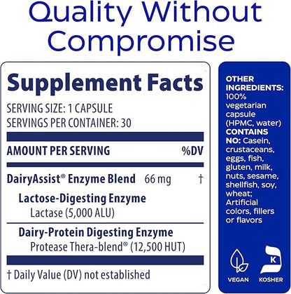 Enzymedica DairyAssist, 2-in-1 Digestive Enzymes for Dairy, Lactose and Casein Digestion, Fast-Acting Formula for Gas and Bloating Relief, 30 Capsules