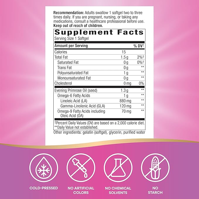 Nature's Way Evening Primrose Oil, Cold Pressed, 120 mg GLA per Serving(1), 120 Softgels (Packaging May Vary)