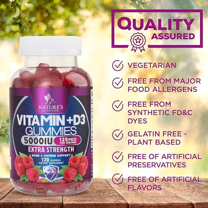 Vitamin D Supplement Gummy - Vitamin D3 125 mcg 5000 IU Per Serving - Bone, Teeth, Muscle and Immune Health Support for Men & Women, Premium VIT D3 Nature's & Gluten Free - 120 Gummies