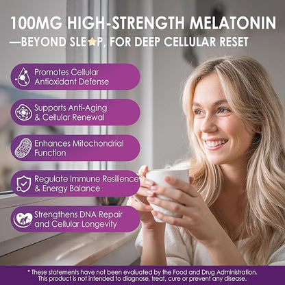 Melatonin 100mg for Antioxidant & Cognitive Health, Ultra High Dose Melatonin with CoQ10, Turmeric, Trans-Resveratrol, Vitamin B12 C E for Brain Anti-Aging, Cellular Repair and Energy, 150 Softgels