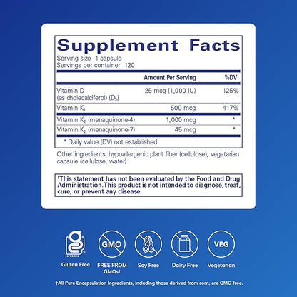 Pure Encapsulations Synergy K - with Vitamin K1, K2 & D3 - Supports Bones, Blood Vessels, Vascular Elasticity & Calcium Utilization* - Includes Cholecalciferol - Gluten Free & Non-GMO - 120 Capsules