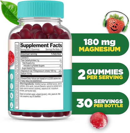 Lifeable Magnesium Citrate Gummies Sugar Free for Kids | Great Tasting Vegan Non-GMO Magnesium Citrate Supplement Gummies | Kids Magnesium Gummies for Muscle and Nerve Function | 60 Count