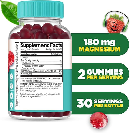 Lifeable Magnesium Citrate Gummies Sugar Free for Kids | Great Tasting Vegan Non-GMO Magnesium Citrate Supplement Gummies | Kids Magnesium Gummies for Muscle and Nerve Function | 60 Count