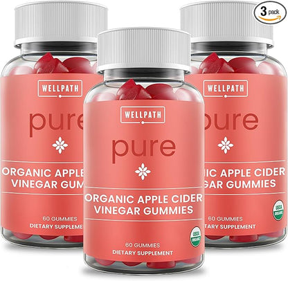 WellPath Pure Organic Apple Cider Vinegar Gummies from The Mother (3 Pack) - Made with Ginger for Gut Health | Vegan, Non-GMO, 180 Ct