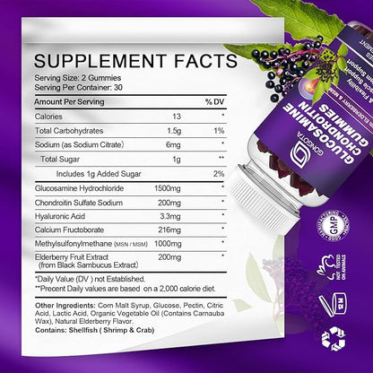 Glucosamine Chondroitin Gummies - 2- Pack, Extra Strength 1500mg Glucosamine with MSM & Elderberry, Flexibility Support, Best Cartilage & Immune Support Supplement for Men and Women - 120 count