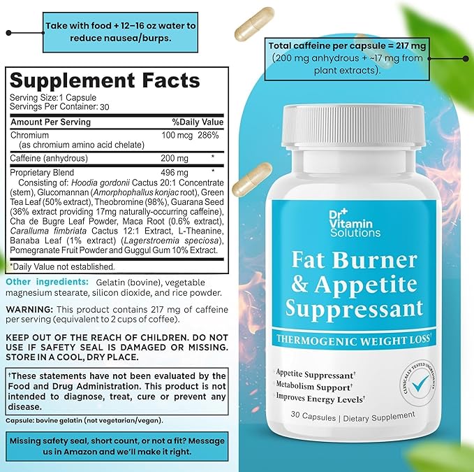 Fat Burner for Women & Men - Appetite Suppressant for Weight Loss - Pills w/Metabolism Booster Thermogenic Weight Loss Supplement - Chromium, Caffeine & Green Tea - 30 Capsules