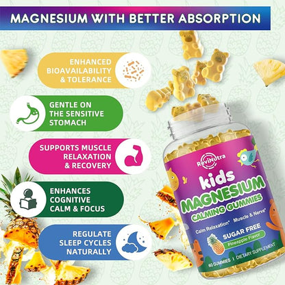 2 Pack Kids Magnesium Gummies, Magnesium Glycinate Gummies for Kids & Adults with L-Theanine, Chamomile, Licorice, Vitamin D, B6 for Sleep, Relaxation, Brain & Muscle, Sugar Free Pineapple