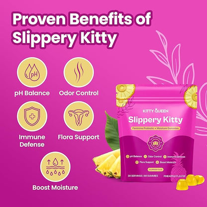 KITTYQUEEN Slippery Kitty Feminine Probiotic and Moisture Gummies, Pineapple Flavor, Women’s Probiotic Gummies for Vaginal Health, pH Balance, Odor Control, Flora Support and Moisture Boost, 60 Count