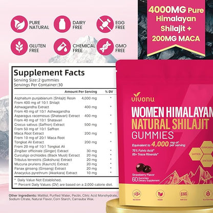 VivoNu Himalayan* Shilajit* Gummies with Ashwagandha* & Gokshura | 85+ Trace Minerals & Fulvic Acid | Organic, Micronutrient Supplement for Men & Women (Women 4000mg / 1 Bag)