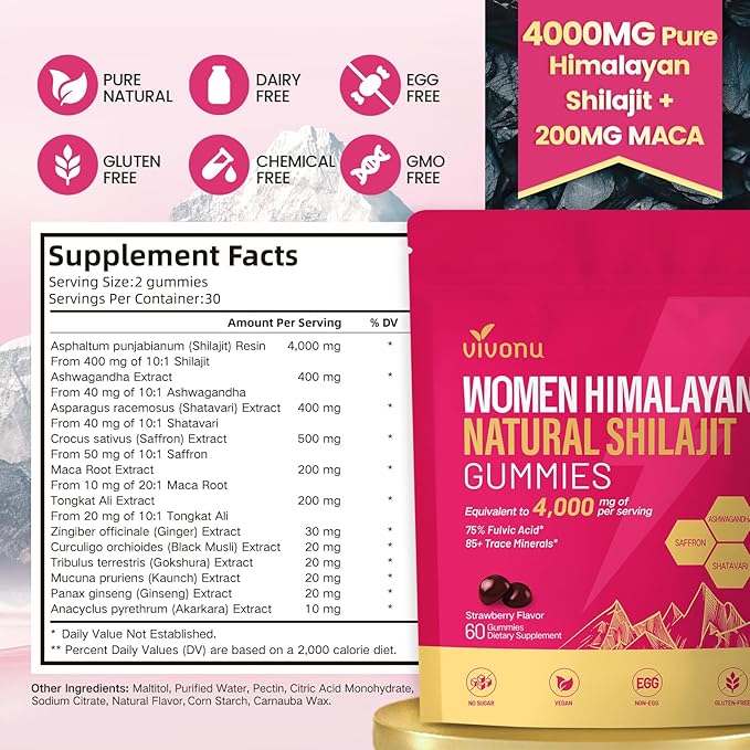 VivoNu Shilajit for Women, Contains Tongkat Ali, Ashwagandha*, Ginger, Saffron for hormonal* Balance & Energy | Tasty Shilajit Strawberry Flavor with Pure Himalayans Shilajitns