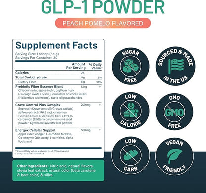GLP-1 Booster | Control Cravings, Appetite Support & Gut Health | High In Fiber & Sugar-Free Drink Mix | GLP1 Supplements Weight Loss Women & Men | Peach Pomelo Flavor | Made In USA | 30 Servings