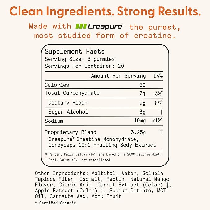SuperMush Daily Creatine Gummies with Cordyceps - Daily Superfood - Sugar Free Creatine Monohydrate Supplement for Strength, Focus, and Recovery – Vegan Gummy Formula, Mango Flavor, 20-Day Supply