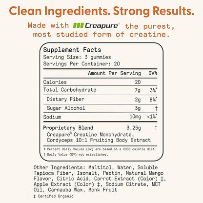 SuperMush Daily Creatine Gummies with Cordyceps - Daily Superfood - Sugar Free Creatine Monohydrate Supplement for Strength, Focus, and Recovery – Vegan Gummy Formula, Mango Flavor, 20-Day Supply