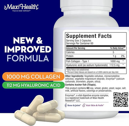 Maxi Health Marine Collagen Pills – 1000 mg Type 1 Collagen for Women & Men with Hyaluronic Acid Supplement for Joint & Skin Support – Unflavored, Clean Kosher Capsules (180 Maxicaps)