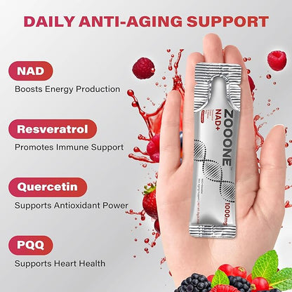 NAD+ 1000mg Liquid Packets Supplement - Premium Nicotinamide Riboside & Resveratrol for Cellular Energy,Advanced NAD Booster for Men & Women (90 Pocket)