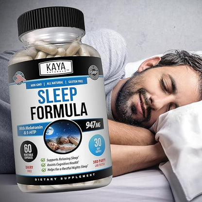 Kaya Naturals - Sleep Support Formula with Melatonin - Aid Support Vitamin Supplement - Sleep Stress and Mood Support - L-Tryptophan, Passion Flower, Ashwagandha and More - 60 Capsules (60 Count)