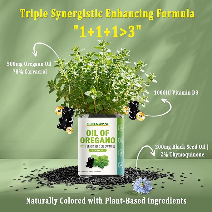 Oil of Oregano with Black Seed Oil + Vitamin D3 | 3 in 1 Oregano Oil 500mg Gummies for Immune Health | Retains High Concentrated Carvacrol & Thymoquinone | Non-GMO, Vegan | 120 Chewable