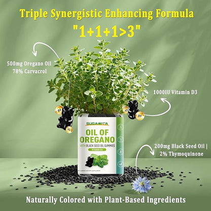 Oil of Oregano with Black Seed Oil + Vitamin D3 | 3 in 1 Oregano Oil 500mg Gummies for Immune Health | Retains High Concentrated Carvacrol & Thymoquinone | Non-GMO, Vegan | 120 Chewable