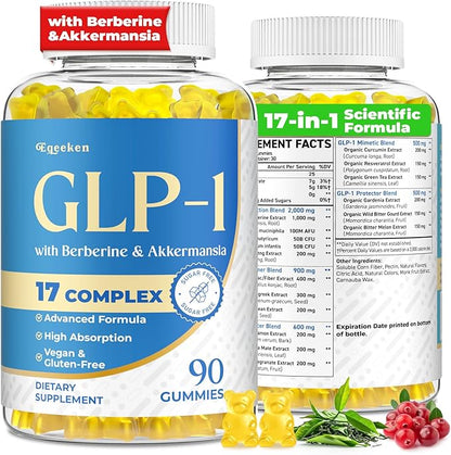 GLP-1, GLP-1 Supplement for Women & Men | 17-in-1 Scientific Formula GLP1 Gummies with Berberine, Akkermansia for Nutrient Absorption, Metabolism Digestion & Gut, No Stomach Discomfort, 90 Gummies