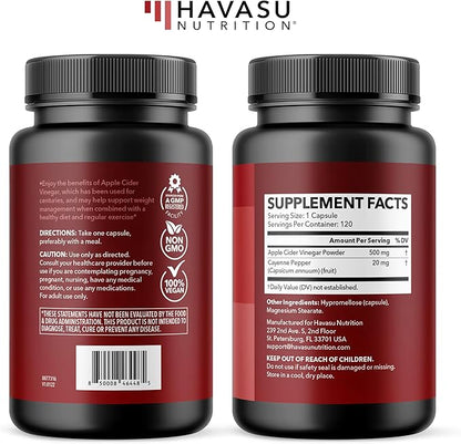 Apple Cider Vinegar Capsules with Cayenne Pepper for Digestive Health Support - 500mg ACV and 20mg Capsicum Annuum Per Serving - Easy-to-Take, Unflavored - 120 Count - Vegan, Non-GMO - 4 Month Supply